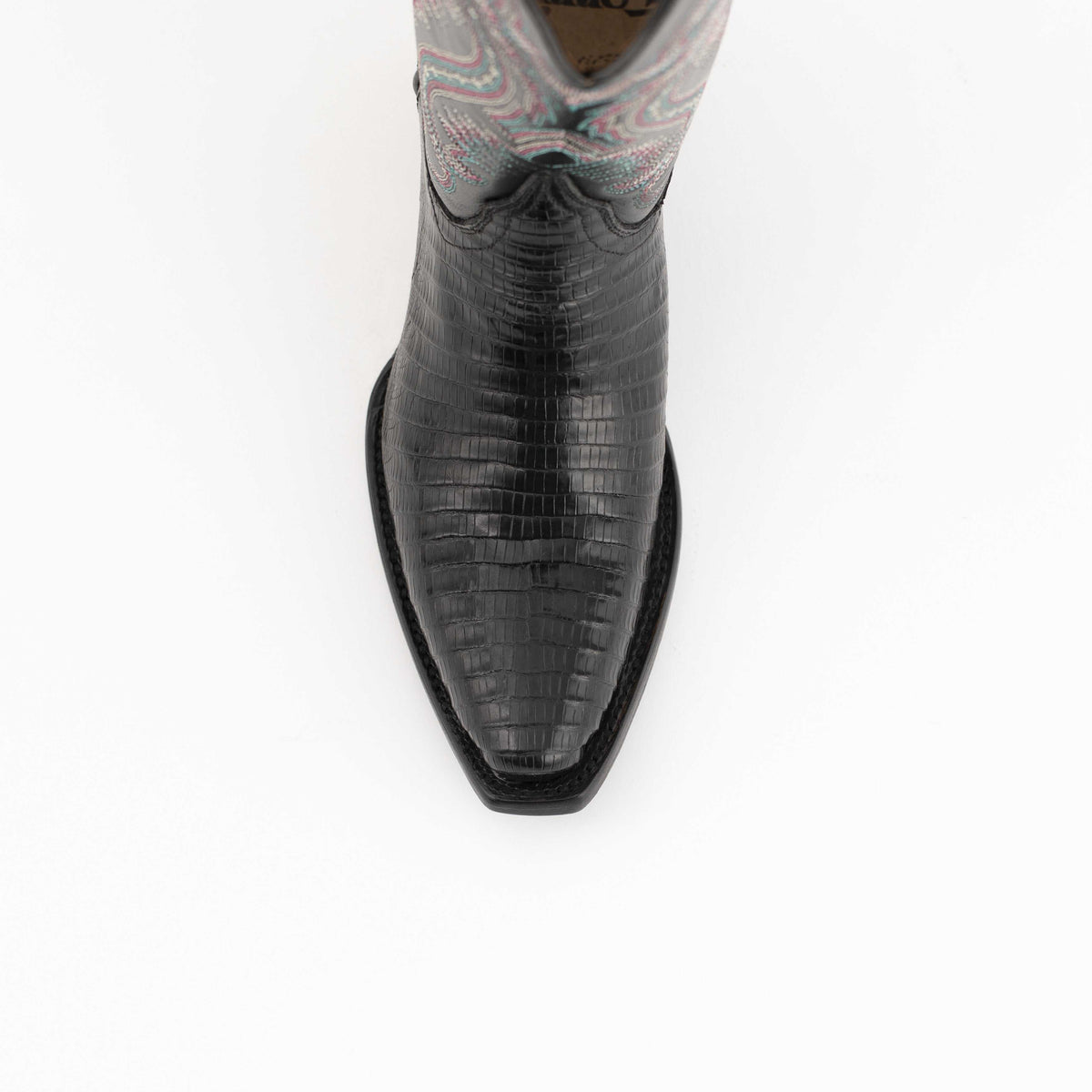 Ferrini Taylor Teju Lizard Boots in black with textured lizard vamp, snipped toe and decorative stitched shaft