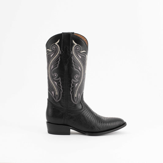 Ferrini Taylor Teju Lizard Boots in black leather, featuring textured lizard vamp and ornate embroidered shaft