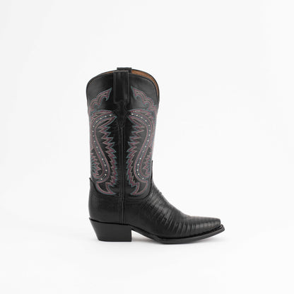 Ferrini Taylor Teju Lizard Boots in black leather with textured lizard vamp, colorful stitched shaft and snipped toe
