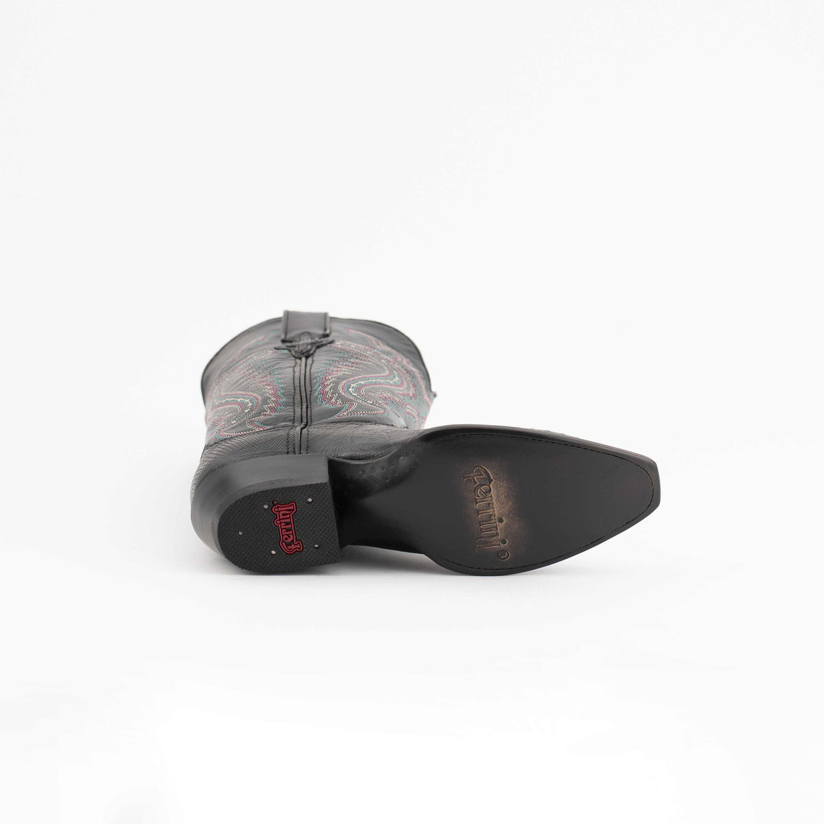 Ferrini Taylor Teju Lizard Boots with black soles and heels, featuring a gray shaft with colorful embroidered stitching