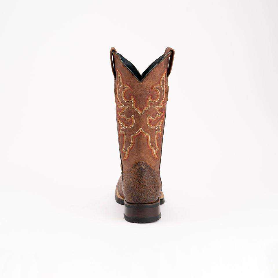 Ferrini Toro Leather Boots in brandy brown leather with ornate tan stitching, a tall shaft and dark block heel
