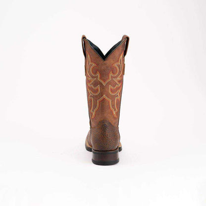 Ferrini Toro Leather Boots in brandy brown leather with ornate tan stitching, a tall shaft and dark block heel