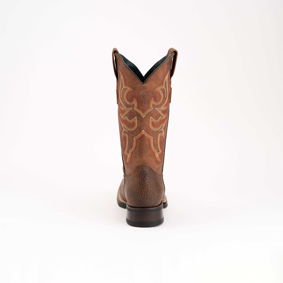 Ferrini Toro Leather Boots in brandy leather with ornate tan shaft embroidery and textured heel counter