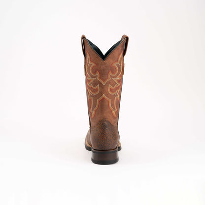 Ferrini Toro Leather Boots in brandy leather with ornate tan shaft embroidery and textured heel counter