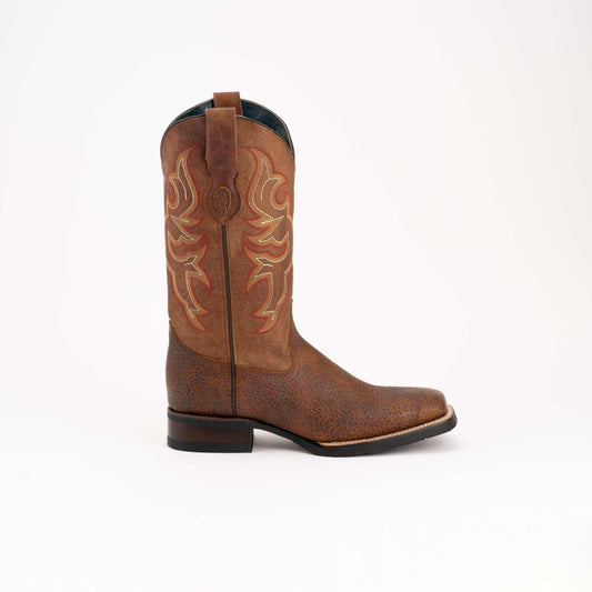 Ferrini Toro Leather Boots in brandy brown leather with ornate tan shaft embroidery and a textured, square-toe vamp