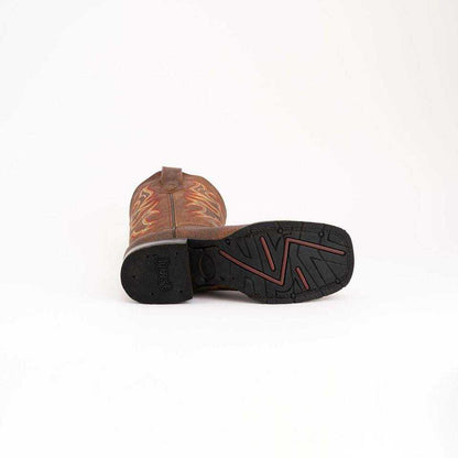Ferrini Toro Leather Boots in brandy leather with ornate tan shaft stitching, square toe and textured rubber sole