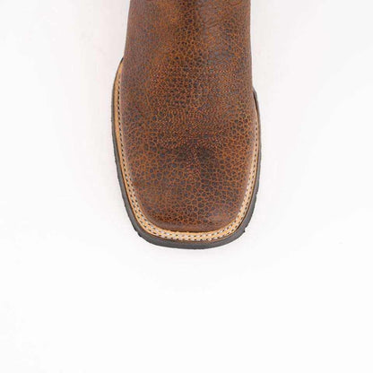 Ferrini Toro Leather Boots in brandy-brown textured leather, showing a square toe and contrasting stitched welt