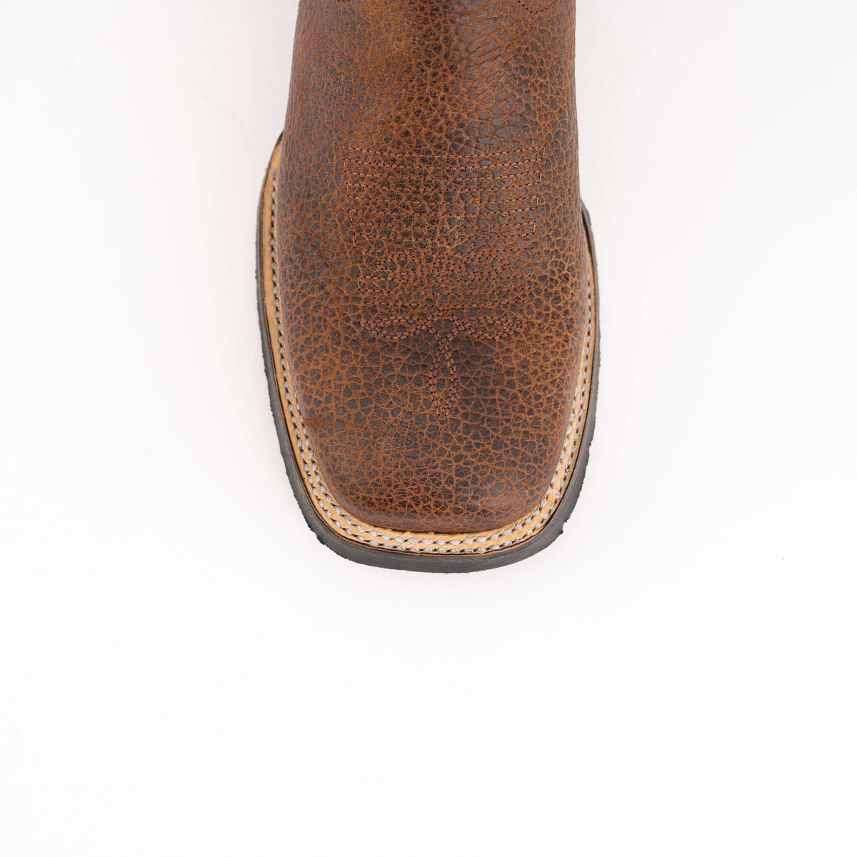 Ferrini Toro Leather Boots in brandy-brown textured leather, featuring a square toe and contrast welt stitching