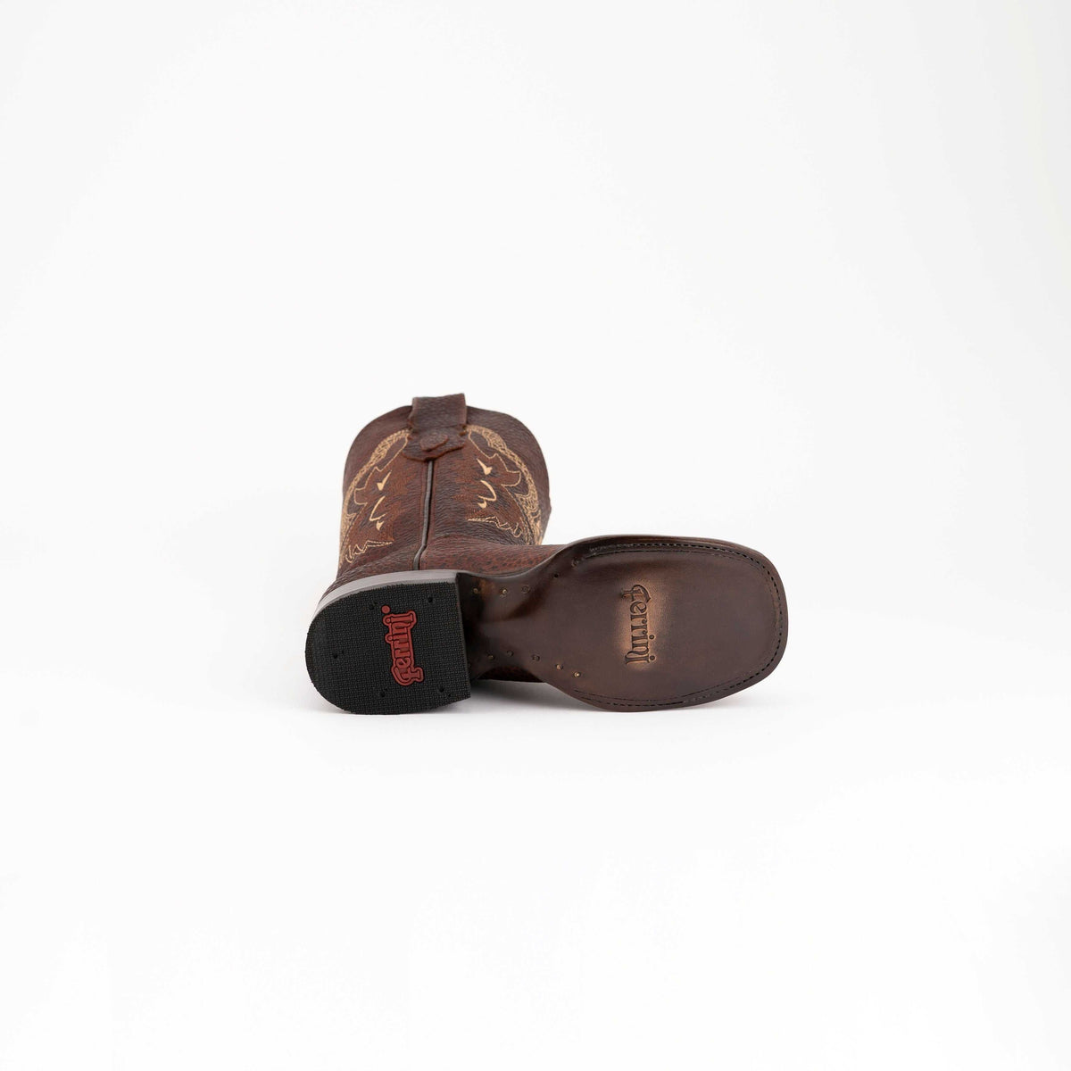 Ferrini Toro Leather Boots in brown full-grain leather, with decorative stitching, embroidered shaft, and rubber soles.