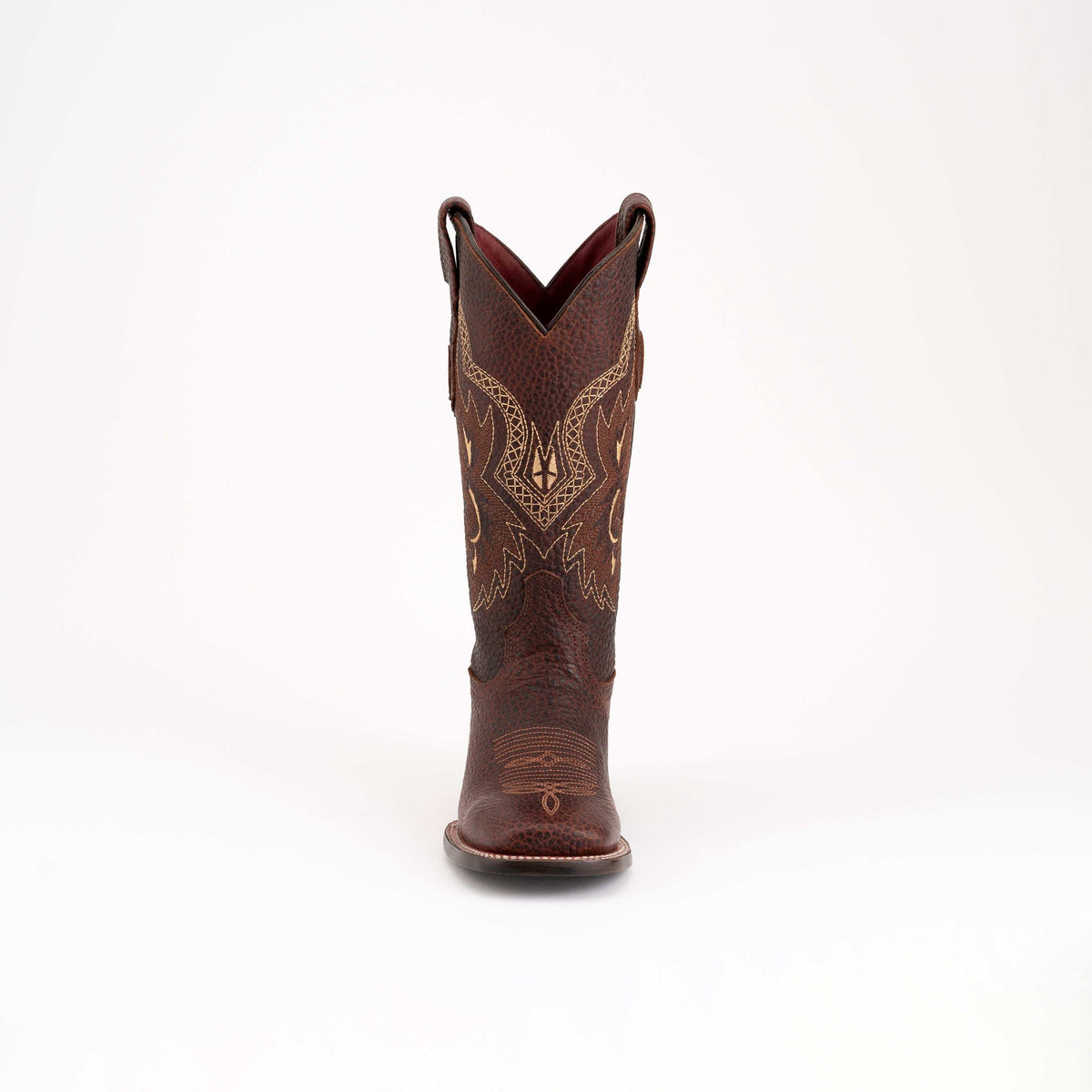 Ferrini Toro Leather Boots in dark brown textured leather, featuring tan ornate stitching, pull tabs, and a square toe