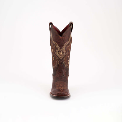Ferrini Toro Leather Boots in dark brown textured leather, featuring tan ornate stitching, pull tabs, and a square toe