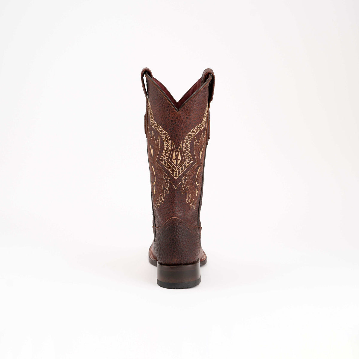 Ferrini Toro Leather Boots shown from behind, dark brown textured leather with ornate tan stitching and pull tabs