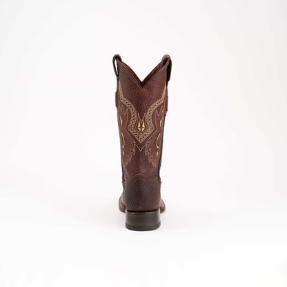 Ferrini Toro Leather Boots shown from behind, dark brown textured leather with ornate tan stitching and pull tabs