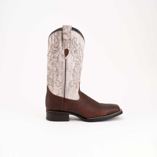 Ferrini Toro Leather Boots in rugged brown leather with pale patterned shafts, pull tabs, and a square toe