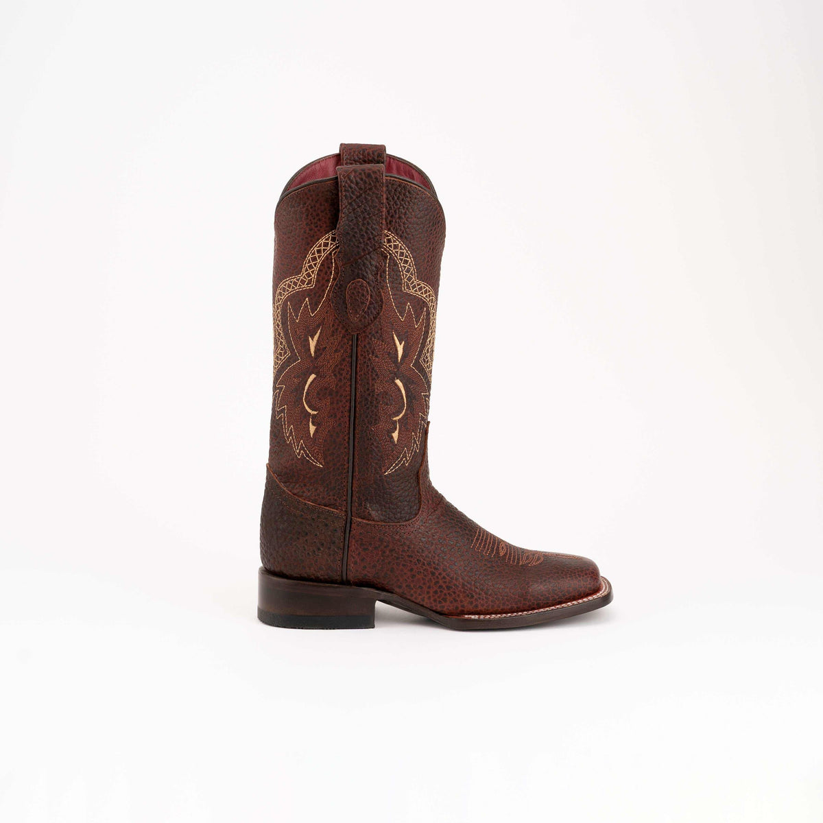 Ferrini Toro Leather Boots in rugged brown leather, with a square toe, low block heel, and contrasting stitched shaft details