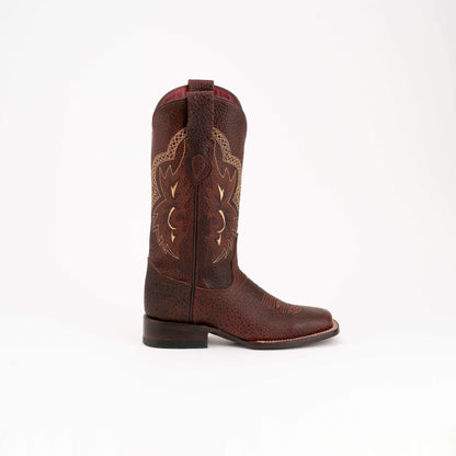 Ferrini Toro Leather Boots in rugged brown leather, with a square toe, low block heel, and contrasting stitched shaft details