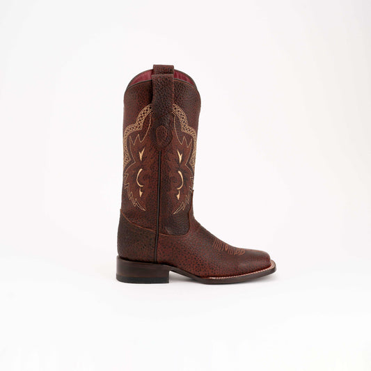 Ferrini Toro Leather Boots in rugged brown leather, with a square toe, low block heel, and contrasting stitched shaft details