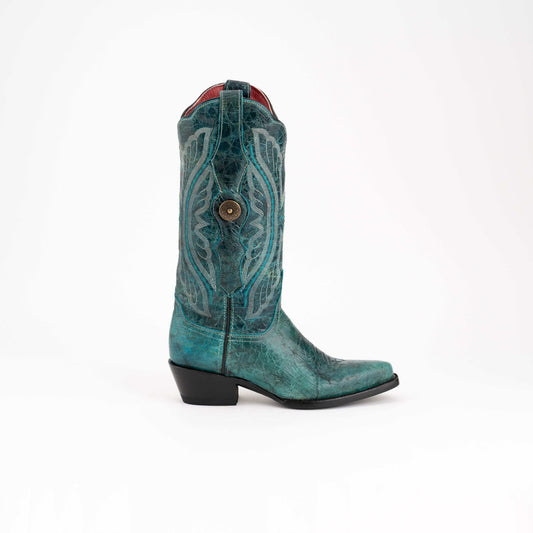 Ferrini Twilight Leather Boots in distressed teal leather with ornate stitched patterns, snip toe and low cowboy heel