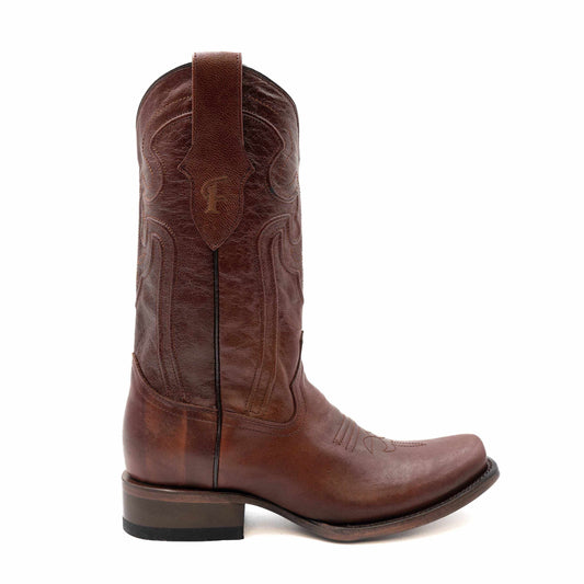 Ferrini Wyatt Leather Boots in brandy brown leather, featuring a tall shaft with stitched overlays and a square toe