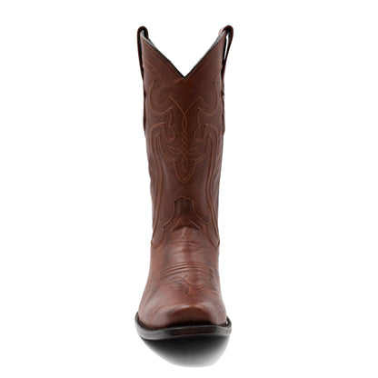 Ferrini Wyatt Leather Boots in brandy brown leather with stitched western shaft detailing and a narrow square toe