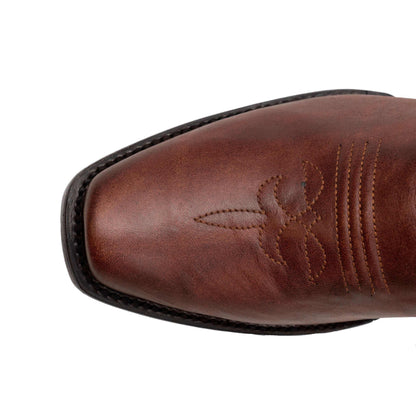 Ferrini Wyatt Leather Boots in brandy full-grain leather, showing a narrow square toe with decorative stitched detailing