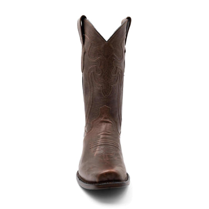 Ferrini Wyatt Leather Boots in chocolate brown leather, featuring an embroidered shaft and narrow square toe