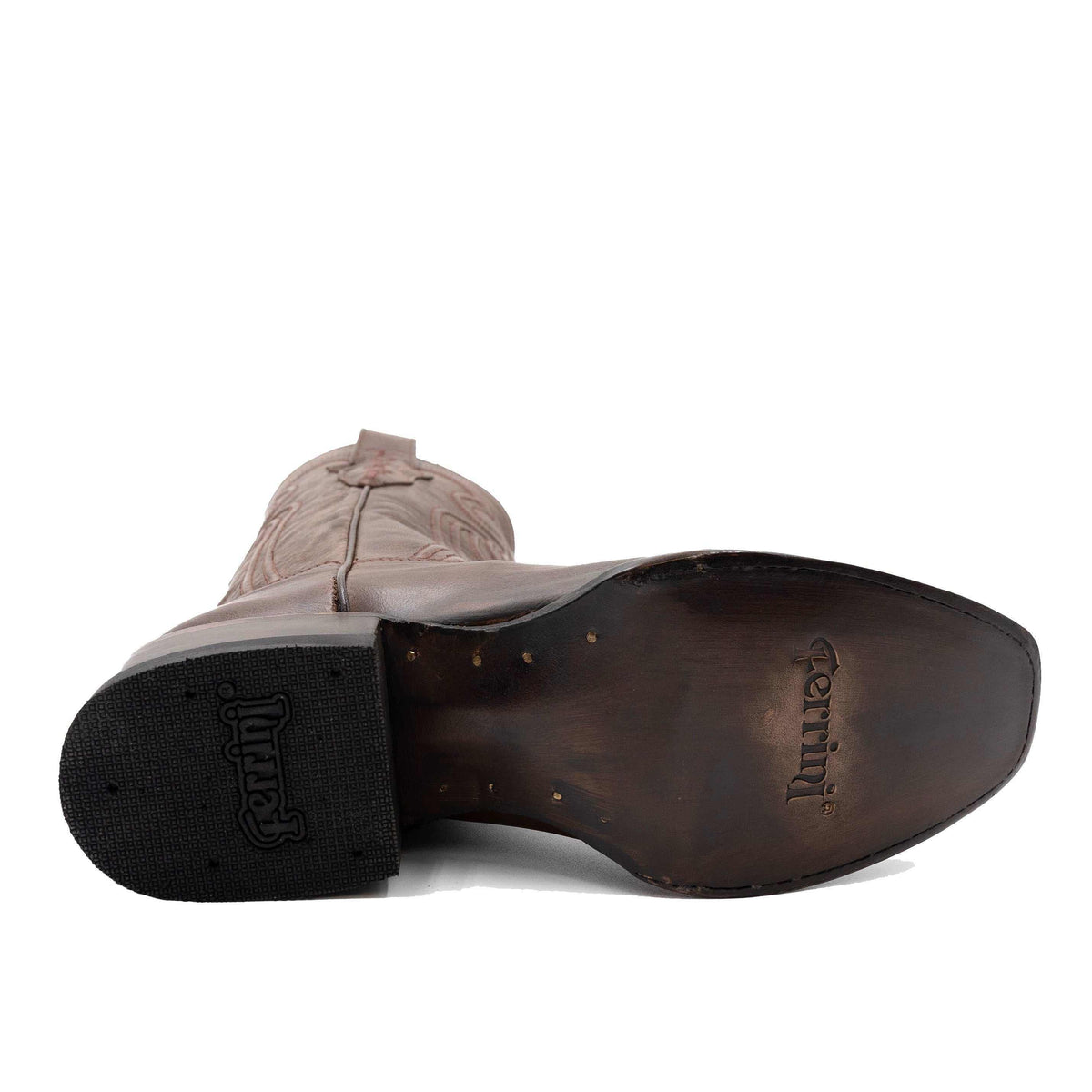 Ferrini Wyatt Leather Boots with a chocolate leather sole, dark rubber heel cap, and embossed Ferrini branding
