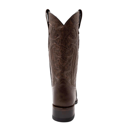 Ferrini Wyatt Leather Boots in dark chocolate leather with an ornate stitched shaft and stacked block heel