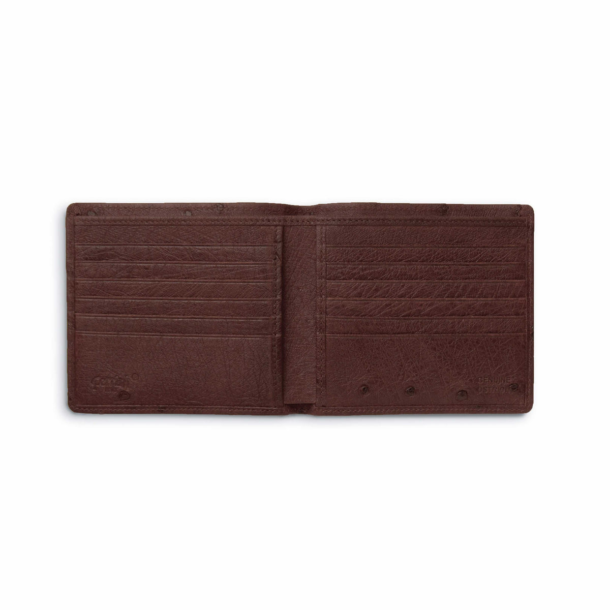 Full Quill Ostrich hipster wallet in dark brown leather, opened to reveal tiered card slots and a slim profile
