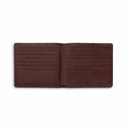 Full Quill Ostrich hipster wallet in dark brown leather, opened to reveal tiered card slots and a slim profile