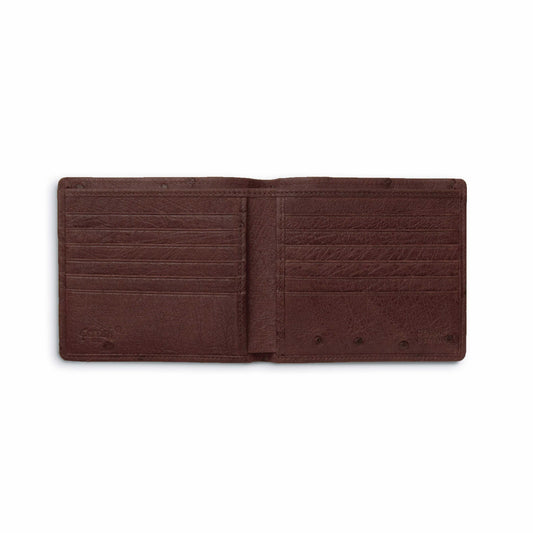 Full Quill Ostrich hipster wallet in dark brown leather, opened to reveal tiered card slots and a slim profile