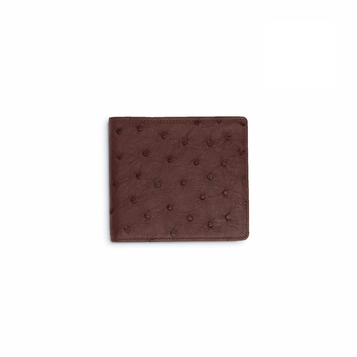 Hipster wallet in dark Kango brown Full Quill Ostrich leather, with raised quill bumps and neat stitched edges.