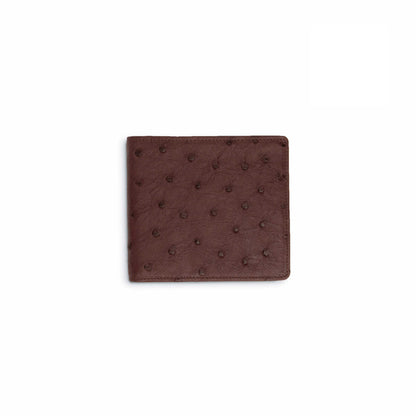 Hipster wallet in dark Kango brown Full Quill Ostrich leather, with raised quill bumps and neat stitched edges.