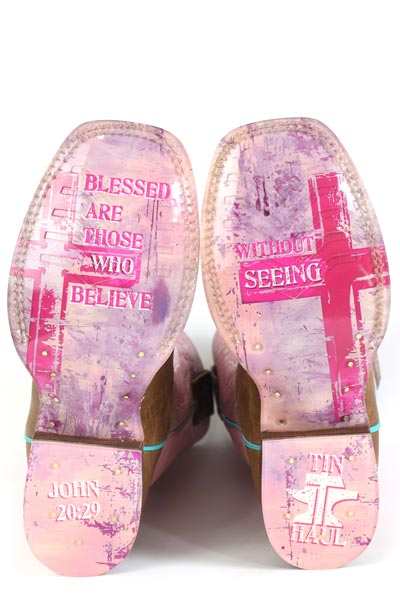 Kid's Tin Haul Angel Wings Boots with pink and purple leather soles, printed crosses, inspirational text and branded heels
