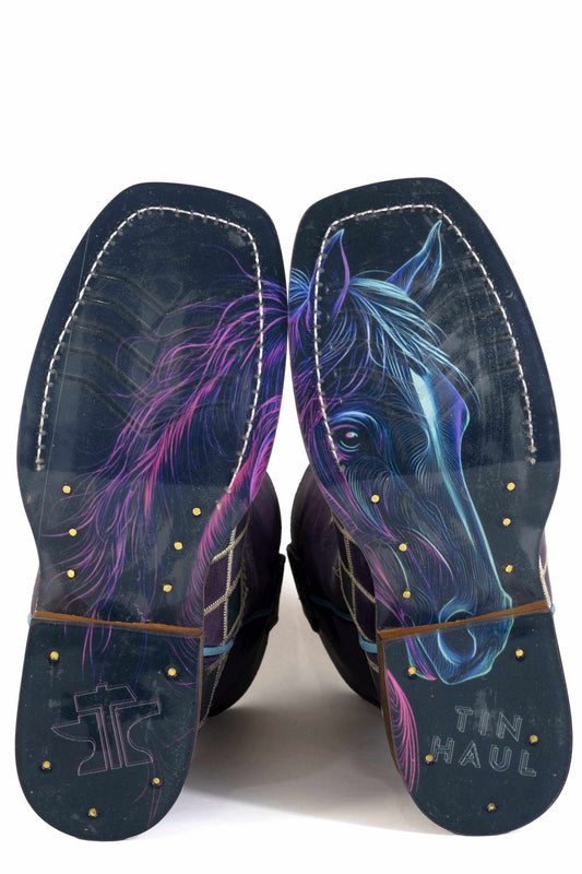 Kid's Tin Haul Patches Boots with dark leather soles featuring vivid blue and purple dream horse artwork