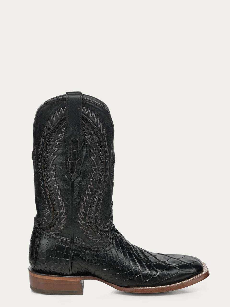 Men's Corral Black Genuine American Alligator Boots with Embroidery featuring black genuine alligator foot, black leather shaft with western embroidery, wide square toe, and pull-on straps