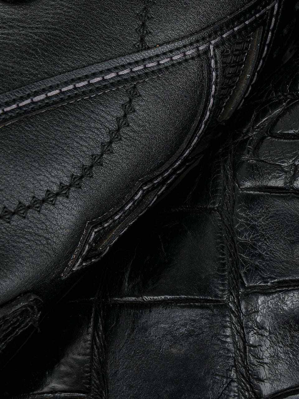Men's Corral Black Genuine American Alligator Boots with Inlay featuring black alligator leather, intricate stitching, woven details, and smooth texture
