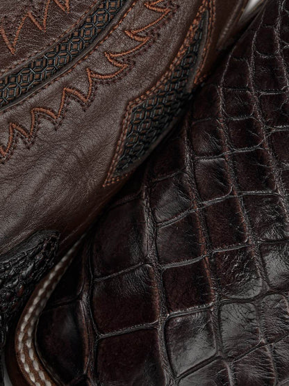 Men's Corral Brown Genuine American Alligator Boots featuring dark brown alligator leather and detailed brown inlay and embroidery accents