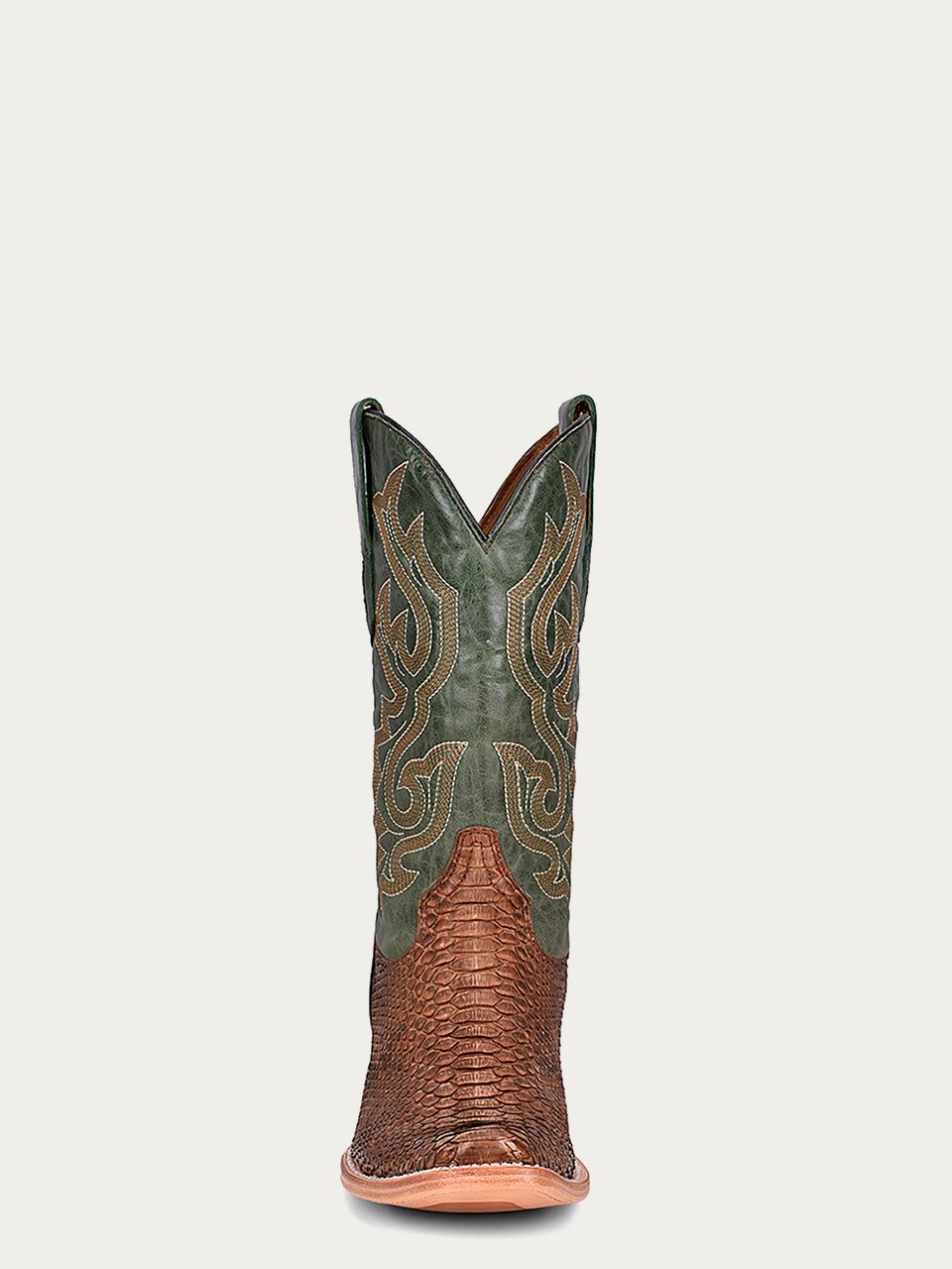 Men's Corral Brown Python Snakeskin Boots with Embroidery featuring brown genuine python vamp and dark green western embroidered shaft