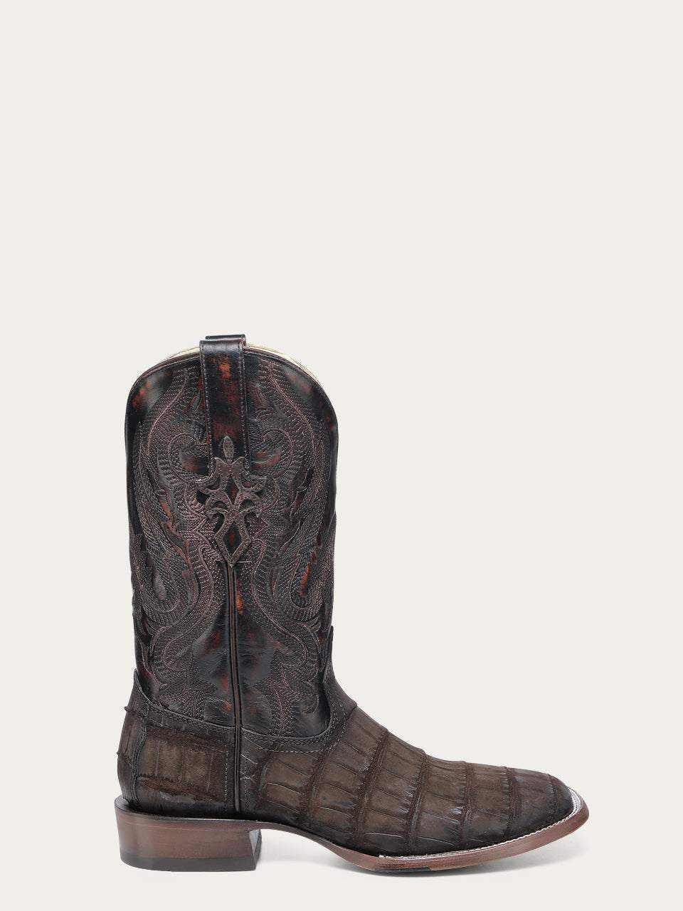 Men's Corral Chocolate Genuine American Alligator Boots in dark brown textured leather, with an ornate embroidered shaft and square toe