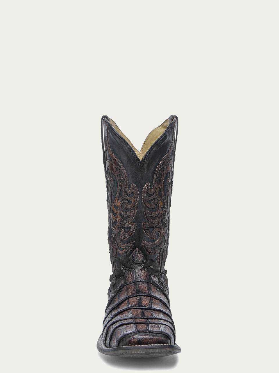 Men's Corral Chocolate Genuine Caiman Boots in dark brown textured leather, with ornate shaft embroidery and a wide square toe