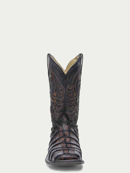 Men's Corral Chocolate Genuine Caiman Boots in dark brown textured leather, with ornate shaft embroidery and a wide square toe