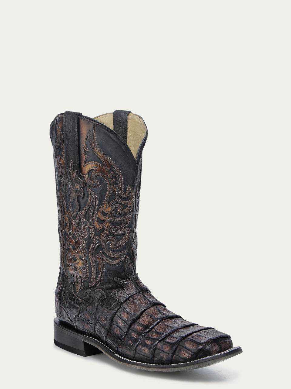 Men's Corral Chocolate Genuine Caiman Boots in dark chocolate leather, with textured caiman scales and ornate embroidered shaft