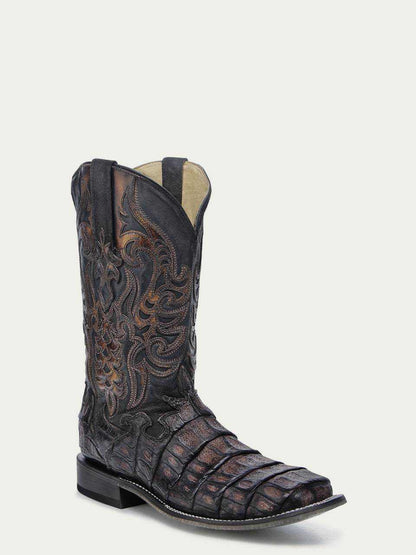 Men's Corral Chocolate Genuine Caiman Boots in dark chocolate leather, with textured caiman scales and ornate embroidered shaft