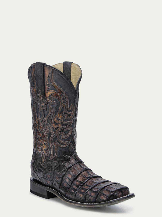 Men's Corral Chocolate Genuine Caiman Boots in dark chocolate leather, with textured caiman scales and ornate embroidered shaft