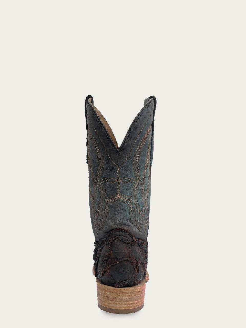 Men's Corral Dark Brown Genuine Pirarucu Fish Boots with Embroidery featuring dark brown leather with intricate western stitching and pull-on straps