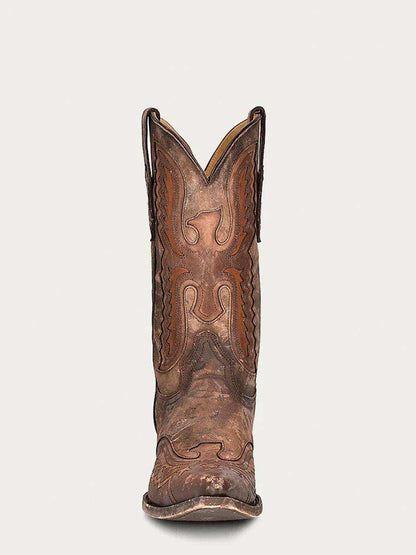 Men's Corral Distressed Tan Genuine Eagle Boots in brown distressed leather with ornate stitched shaft, pull tabs and rounded toe