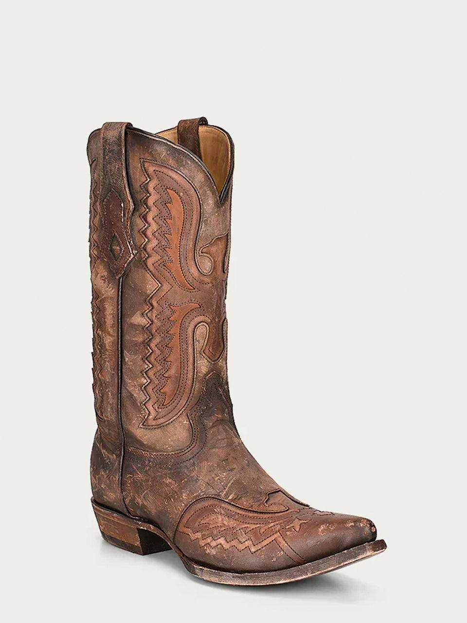 Men's Corral Distressed Tan Genuine Eagle Boots in brown distressed leather with ornate stitched shaft and snip toe