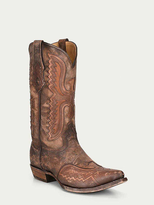 Men's Corral Distressed Tan Genuine Eagle Boots in brown distressed leather with ornate stitched shaft and snip toe