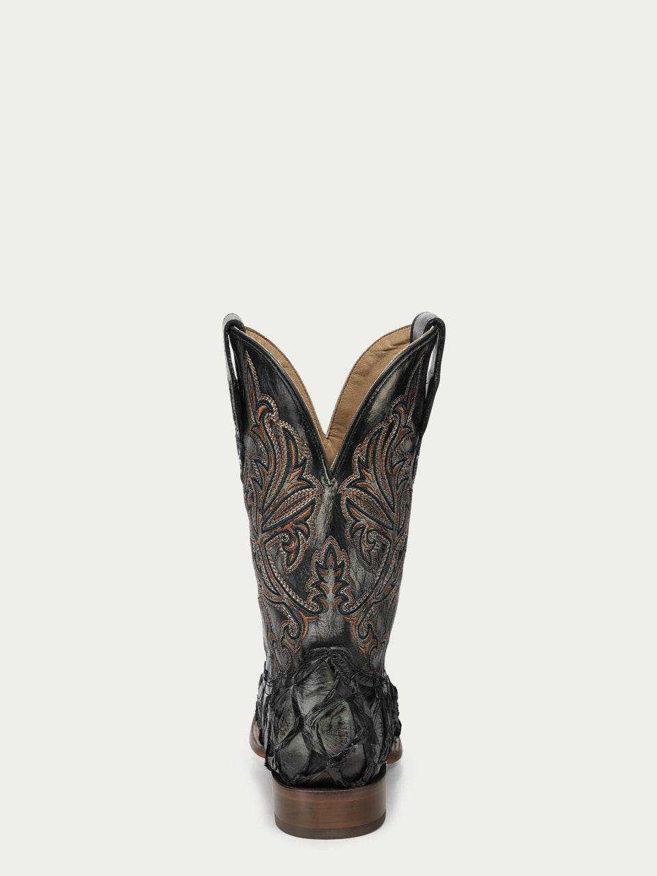 Men's Corral Green cowboy boot featuring black pirarucu fish leather foot and detailed embroidered leather shaft with pull-on straps